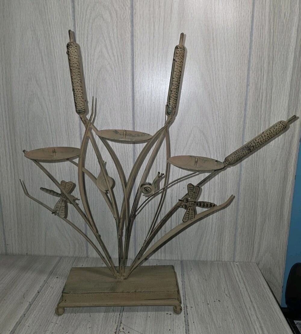 Vintage 3 Tiered Candle Holder Tole Ware Snail Dragonfly Cat Tails Reeds Metal